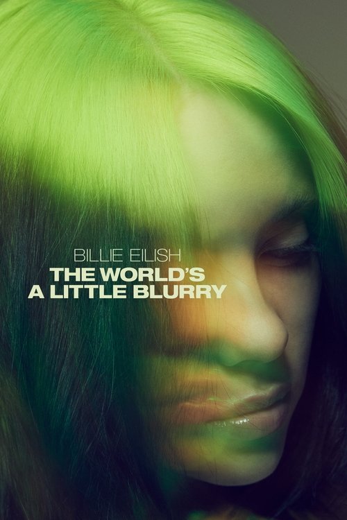 The poster features Billie Eilish with vibrant green and yellow hair, evoking a dreamy, ethereal atmosphere. The muted background contrasts with her striking appearance, creating a mysterious and artistic mood.