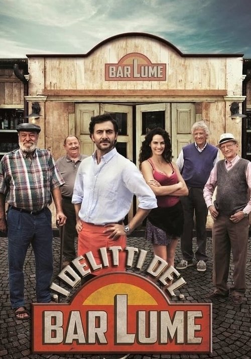 The poster features a group of six characters standing in front of a rustic "Bar Lume" building, exuding a rugged, comedic atmosphere. The warm, earthy tones of the wooden structure and the vibrant reds and yellows of the title create a nostalgic, inviting feel. The characters' casual poses and e...