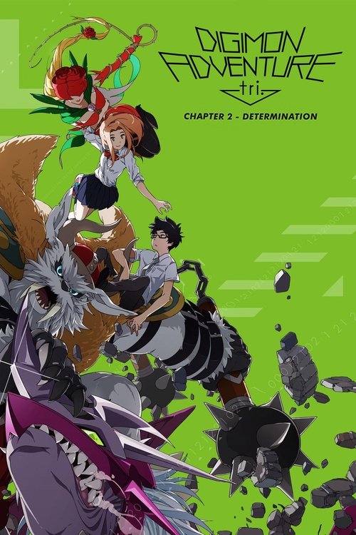 The poster features vibrant green and purple hues, with a dynamic action scene of characters in mid-motion. The mood is energetic and adventurous, capturing the essence of the Digimon Adventure series.