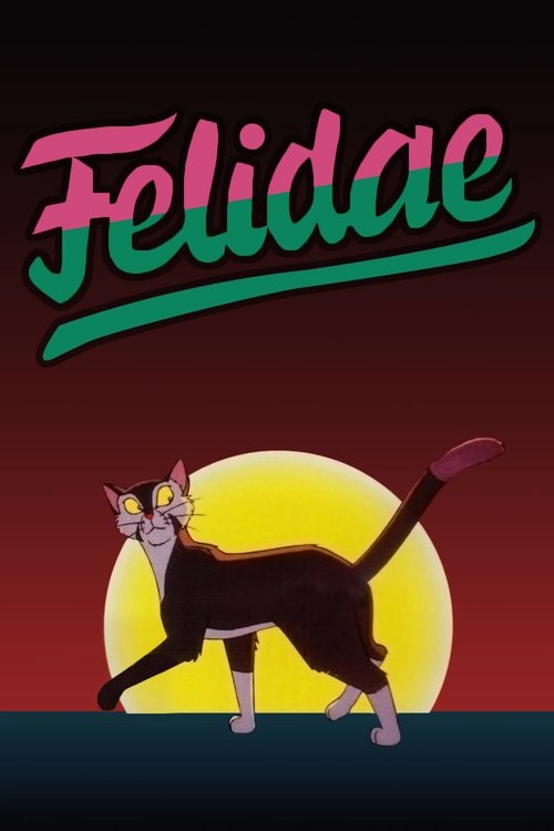 The poster features a stylized black cat with pink eyes, set against a warm sunset backdrop. The title "Felidae" glows in vibrant pink and green hues, evoking a playful yet mysterious mood.
