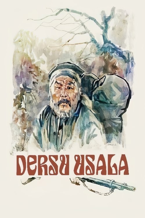 The poster features a watercolor-style portrait of an elderly man with a weathered face, his eyes gazing forward with a contemplative expression. He wears a dark hat and has a beard, set against a muted, earthy background with faint tree branches. The title "DERSU UZALA" is boldly displayed in re...