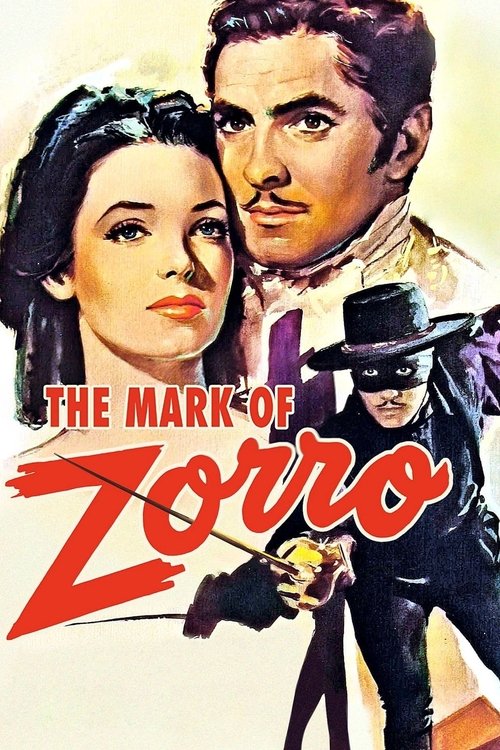This movie poster features a dramatic scene with a woman in a dark dress and a man in a suit, both looking intense. The title "The Mark of Zorro" is prominently displayed in bold red letters, with a stylized Zorro figure in the background. The overall mood is mysterious and adventurous, capturing...