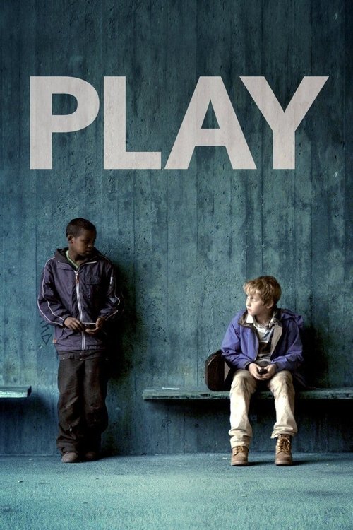 The poster features two children sitting on a bench against a textured blue wall, with the word "PLAY" prominently displayed in large white letters. The muted colors and somber mood suggest themes of childhood innocence and the passage of time.