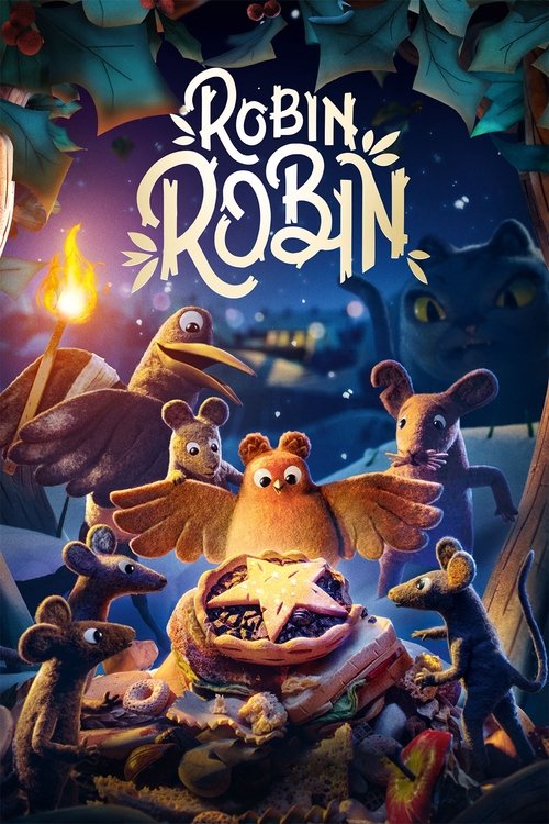 The poster features a whimsical scene with Robin the Robin Hood and his friends in a fantastical forest. Warm orange and golden hues contrast with deep blue and purple tones, creating a magical atmosphere. The characters exude a sense of adventure and camaraderie, inviting viewers into a story of...