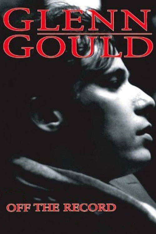 The poster features a black-and-white portrait of Glenn Gould, his face illuminated against a dark background. The title "Glenn Gould" is prominently displayed in bold red letters at the top, while "OFF THE RECORD" appears in red at the bottom. The overall mood is mysterious and dramatic, evoking...