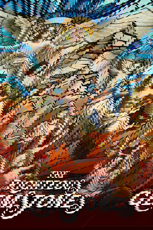 This TV show poster features a dramatic, stained-glass-style illustration of angels and biblical figures in vibrant colors like blue, gold, and red. The mood is solemn yet hopeful, suggesting themes of redemption and divine justice.