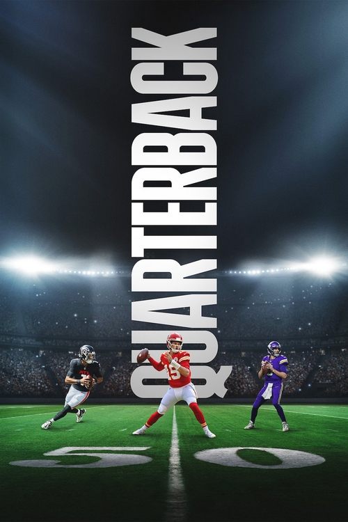 The poster features a football player in a red jersey standing prominently in the foreground, surrounded by other players in various uniforms. The background shows a dark stadium with bright lights, creating a dramatic atmosphere. The word "QUARTERBACK" is written vertically in large, bold letter...