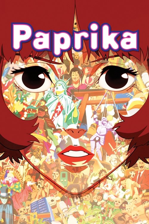 The poster features a vibrant, collage-style portrait of a woman with large expressive eyes, surrounded by colorful, fragmented images of people and scenes. The warm, golden tones evoke a nostalgic and dreamy atmosphere, while the bold purple title "Paprika" adds a playful and artistic touch.