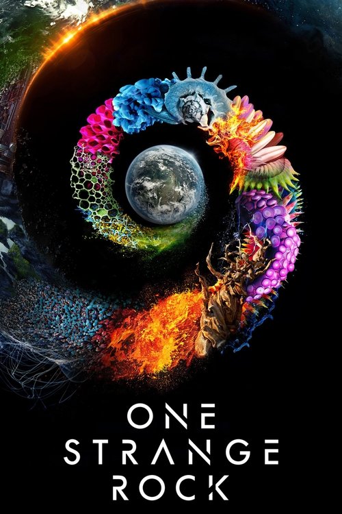 The poster features a mesmerizing spiral of vibrant, surreal colors—purple, pink, blue, and orange—wrapping around a central globe. The dark background enhances the vivid hues, creating a dreamlike, otherworldly atmosphere. The title "One Strange Rock" is prominently displayed at the bottom, sugg...