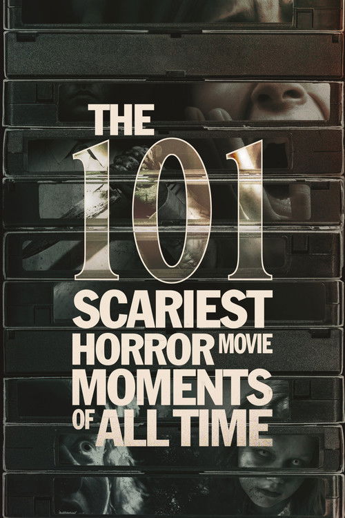 The poster features a dark, ominous background with a grid of movie thumbnails, suggesting a collection of horror films. The title "The 101 Scariest Horror Movie Moments of All Time" is prominently displayed in bold, metallic letters, evoking a sense of dread and suspense. The overall color palet...
