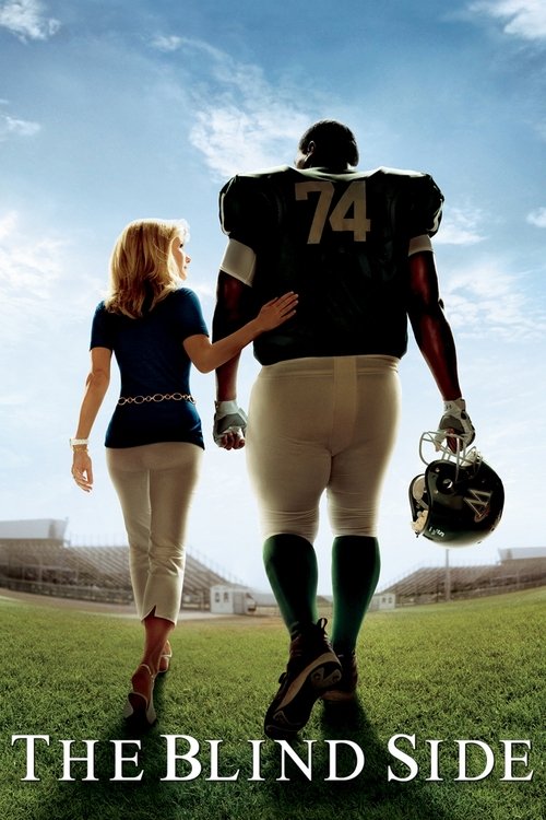 The poster captures a heartwarming scene of a young man and woman walking away from the camera on a sunny football field. The woman, wearing a blue shirt and beige pants, holds the man's hand, while the man, in his 74 jersey, carries a helmet. The bright blue sky and green grass evoke a sense of ...