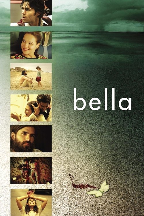 The poster features a serene beach scene with a woman lying on the sand, evoking a sense of quiet reflection. The muted greens and browns of the background suggest a calm, possibly melancholic atmosphere. The title "bella" is elegantly placed in white text, hinting at a story about beauty and lon...