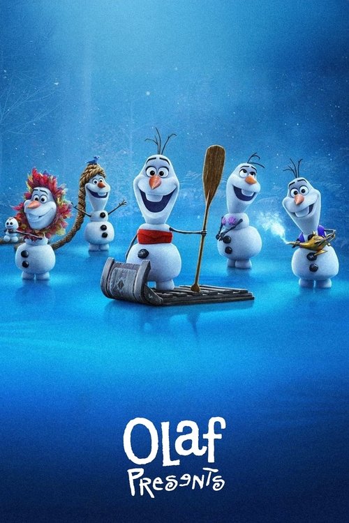 The poster features Olaf, a cheerful snowman, leading a group of friends in a vibrant blue ice scene. The characters are dressed in colorful outfits, exuding a playful and joyful mood. The bright blue background enhances the wintry atmosphere, making it visually appealing and inviting for viewers.