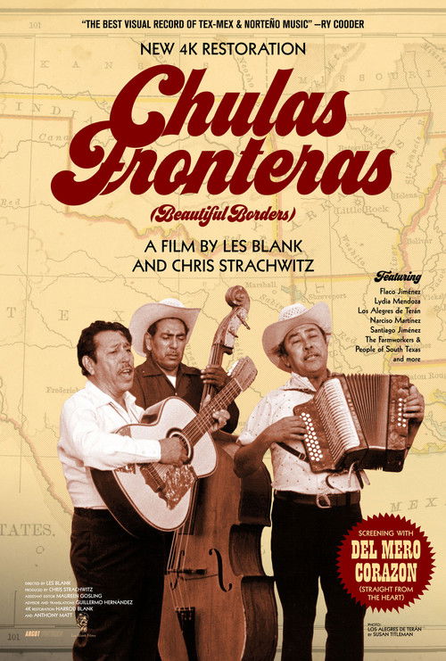 The poster features three musicians in a warm, earthy color palette of browns, creams, and muted reds, evoking a rustic, folk music atmosphere. They play traditional instruments, suggesting a story of cultural heritage and regional identity. The title "Chulas Fronteras" is prominently displayed i...