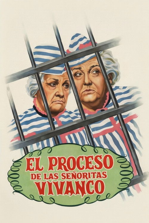 The poster features two elderly women in striped prison uniforms behind barred windows, evoking a somber and mysterious atmosphere. The title "El Proceso de las Senoritas Vivanco" is prominently displayed in bold red text against a green background, emphasizing the gravity of the subject matter.