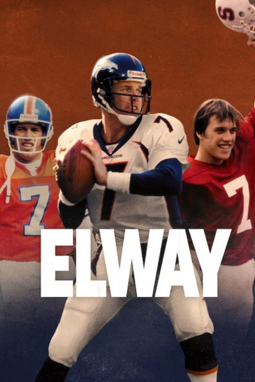 This football poster features a central player in a white uniform with blue accents, surrounded by teammates in red and blue jerseys. The bold white text "ELWAY" dominates the foreground, conveying a sense of action and nostalgia. The warm orange background adds depth, while the players' focused ...