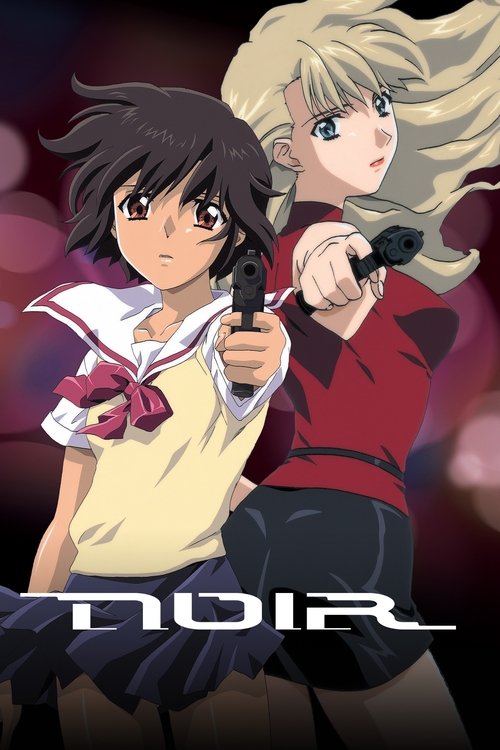 The poster features two anime characters, a boy with dark hair and a girl with blonde hair, both holding guns. The boy wears a white shirt with a red bow, while the girl dons a red top. The background is dark with pink hues, creating a mysterious and intense atmosphere. The title "NOIR" is promin...