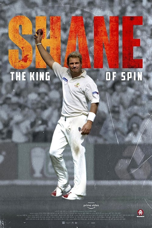 The poster features a black-and-white image of Shane Warne, the legendary cricketer, in a white uniform, holding a cricket bat. The background is filled with spectators, creating a dramatic atmosphere. The title "SHANE" is prominently displayed in bold, fiery orange letters, emphasizing his statu...