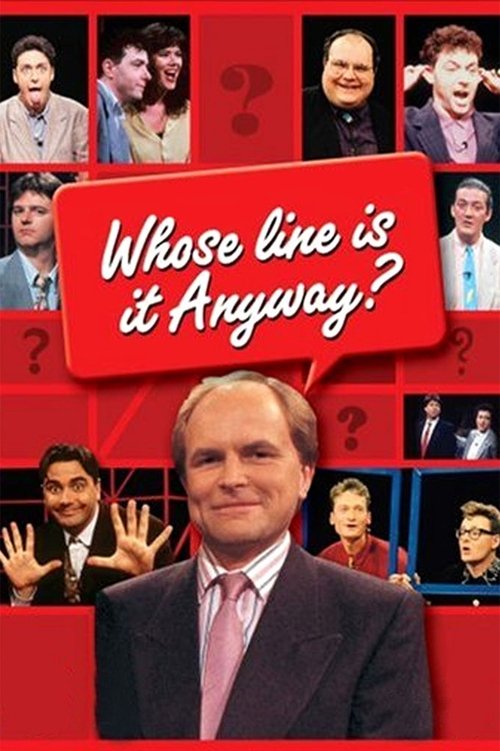 The poster features a central image of a man in a suit against a red background, surrounded by smaller portraits of various people. The bold white text "Whose line is it Anyway?" dominates the center. The overall mood is humorous and engaging, with a mix of serious and playful tones.