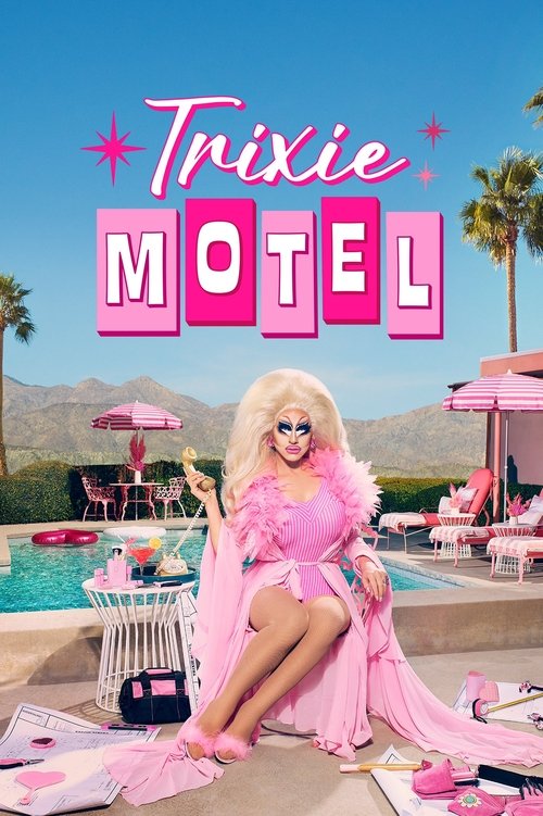 A glamorous woman in a pink dress sits on a poolside lounge, surrounded by pink accessories and a vibrant tropical setting. The poster exudes a dreamy, luxurious mood with bright colors and a cheerful atmosphere.