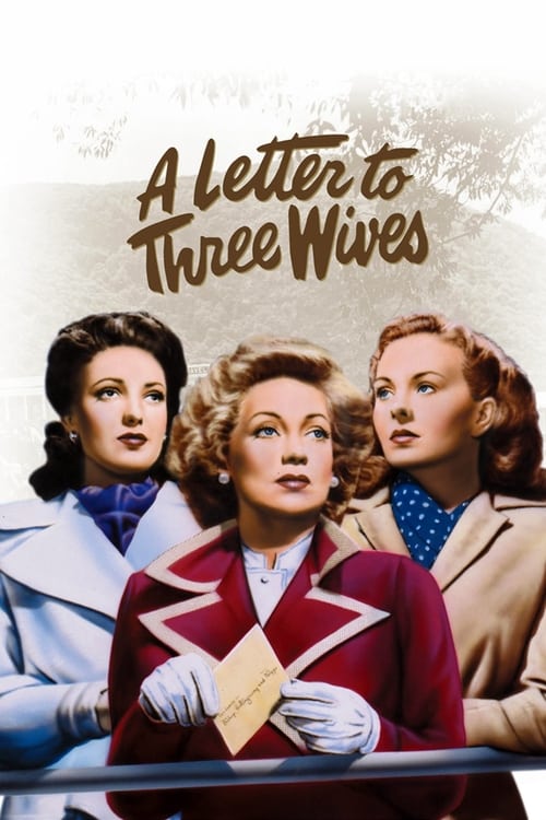 The poster features three women in a vintage setting, with warm tones and a slightly melancholic mood. The central woman in a red jacket stands out, while the others wear period-appropriate clothing. The title "A Letter to Three Wives" is elegantly written at the top, suggesting a story about rel...