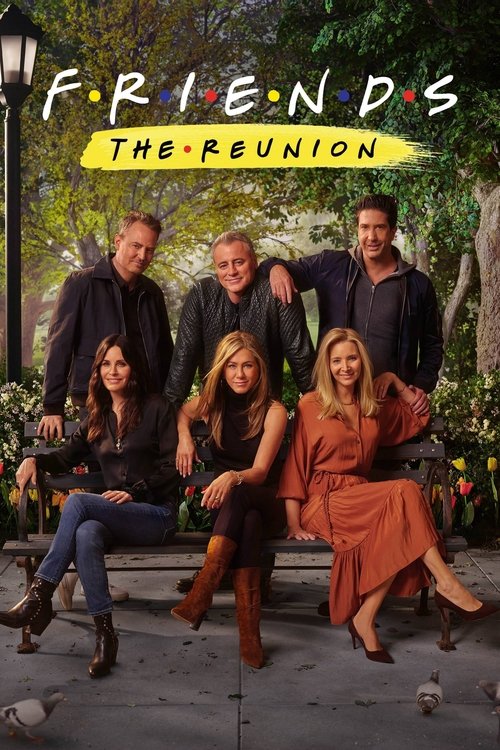 This movie poster features six characters from the original Friends cast, posed in a vibrant outdoor garden setting. The warm tones of the clothing and the lush greenery create a nostalgic, inviting atmosphere. The title "Friends: The Reunion" is prominently displayed in bold, eye-catching typogr...