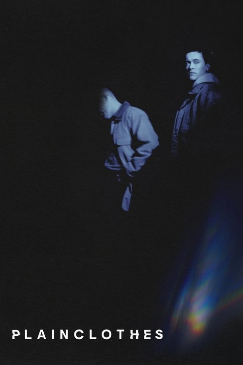 The poster features two figures in shadowy tones, with one leaning forward and the other standing apart. The cool blue and black color palette creates a mysterious and somber mood, suggesting themes of mystery and intrigue.