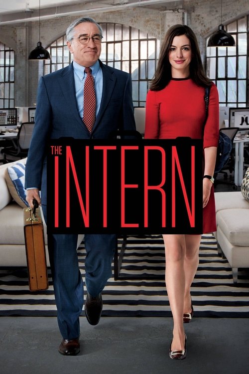 The movie poster features a man in a blue suit and a woman in a red dress walking together, with the title "The Intern" prominently displayed in bold red letters. The scene exudes a professional yet approachable atmosphere, suggesting a workplace setting.