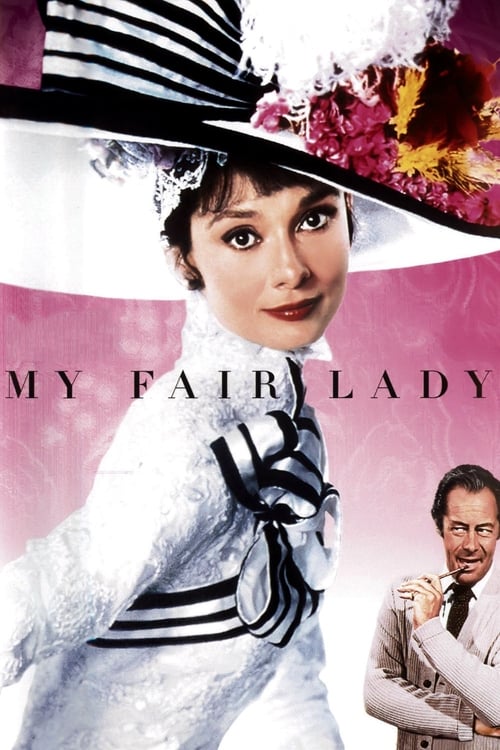 The poster features Audrey Hepburn in a glamorous white dress and striped hat, exuding elegance against a pink and white backdrop. A smaller image of Humphrey Bogart in a suit appears in the bottom right corner. The title "MY FAIR LADY" is prominently displayed in bold, elegant lettering. The ove...