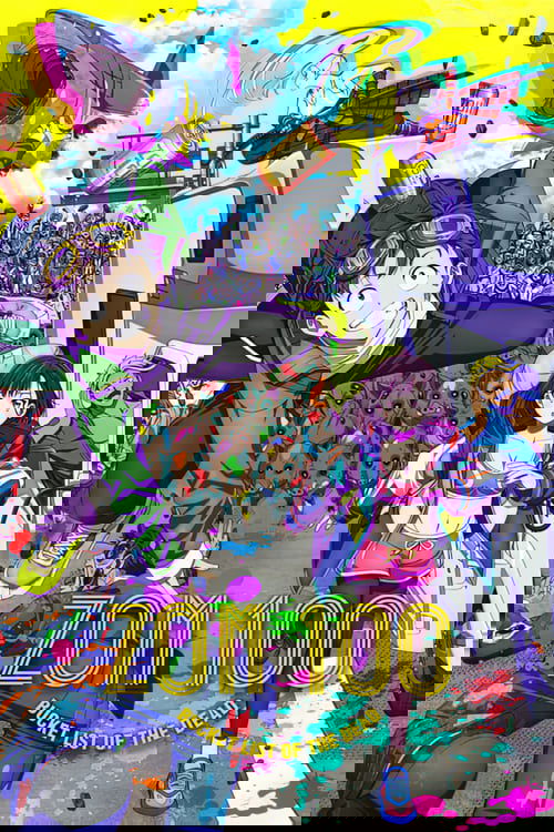 This vibrant poster showcases a dynamic scene from "Zom 100: Bucket List of the Dead," featuring energetic characters in colorful outfits against a lively backdrop. The scene captures a sense of excitement and adventure, with bright hues like yellow, blue, and purple dominating the composition. T...