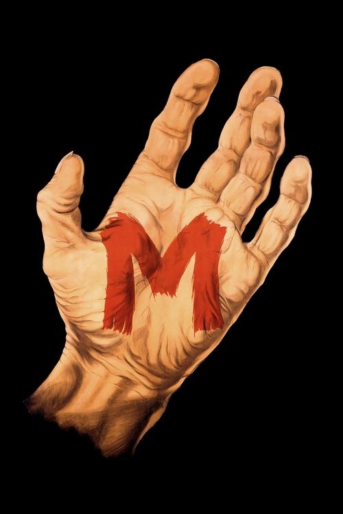A hand with a bold red "M" painted on it against a stark black background, evoking mystery and intrigue.