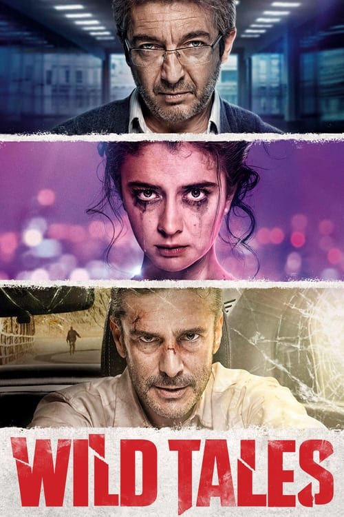 The poster features three intense characters against a dark, moody backdrop. The colors shift from cool blues to warm oranges, creating a dramatic and suspenseful atmosphere. The title "Wild Tales" is prominently displayed in bold red letters at the bottom, emphasizing the film's thrilling and my...