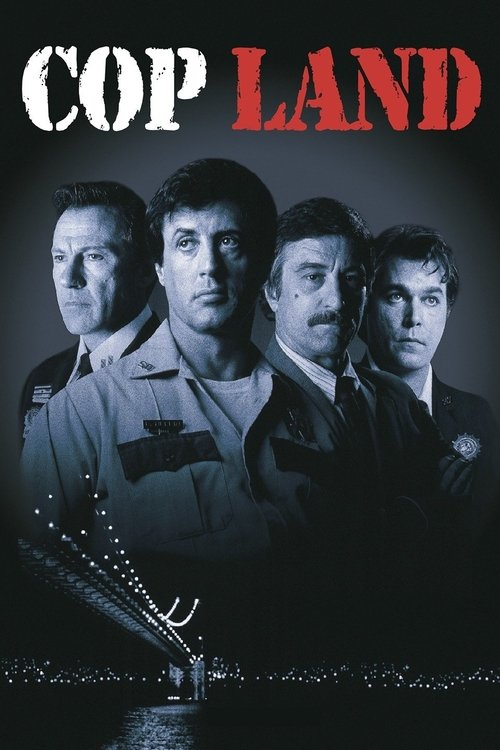 The poster features four men in tactical uniforms against a dark, moody background. The title "COP LAND" is prominently displayed in bold, contrasting red and black text. The overall mood is serious and intense, suggesting a gritty crime drama.