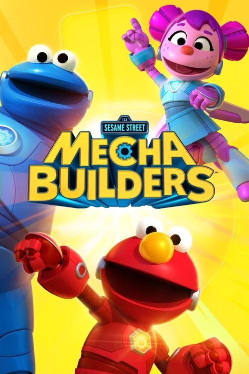 This vibrant poster features Elmo and Mecha Builders in dynamic poses against a bright yellow background, exuding energy and excitement. The characters' colorful outfits and expressive faces convey a playful and adventurous mood, inviting viewers to join in the fun of building their own mechs.