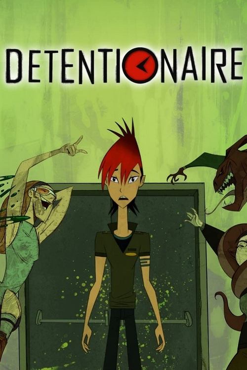 The poster features a young man with spiky red hair standing in front of a barred door, surrounded by menacing figures in green and brown. The muted green background and dark tones create a tense atmosphere, while the bold title "DETENTIONNAIRE" dominates the top.