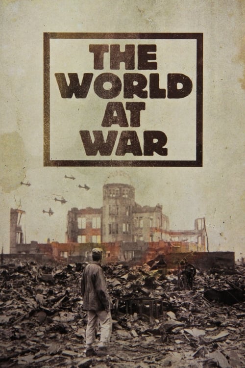 The poster depicts a somber scene of rubble and destruction, with a lone figure standing amidst the ruins. The muted sepia tones and faded colors evoke a sense of desolation and historical weight. The title "The World at War" is prominently displayed in bold, block letters, emphasizing the gravit...