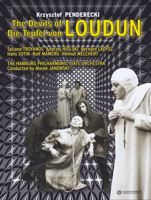 The poster features a haunting black-and-white scene with a nun on the right, surrounded by figures in dark robes, evoking a somber, mysterious atmosphere. The title "The Devils of Loudun" is prominently displayed in bold yellow text, contrasting sharply against the dark, geometric background. Th...