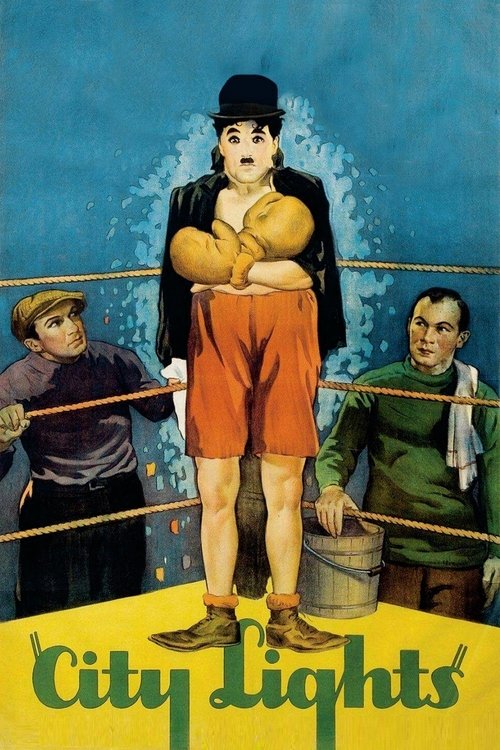 This vintage movie poster for "City Lights" features a central figure in a boxing ring, surrounded by three men in period attire. The vibrant blue background and warm tones evoke a classic 1920s cinematic atmosphere, with the title "City Lights" prominently displayed at the bottom.