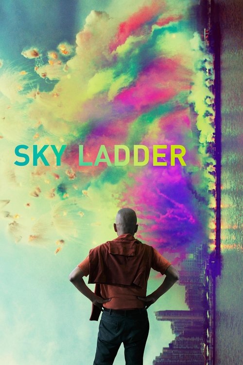 The poster features a man with his back to the viewer, standing against a vibrant, surreal sky filled with swirling colors like pink, purple, and blue. The title "Sky Ladder" is prominently displayed in bold, modern typography. The overall mood is dreamlike and artistic, suggesting a blend of per...