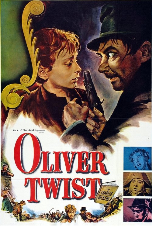 This vintage movie poster features a dramatic scene with a young boy and a man in a hat, set against a richly colored background. The poster uses bold red text for the title "Oliver Twist," evoking a classic noir aesthetic. The mood is tense and mysterious, capturing the essence of the film's gri...