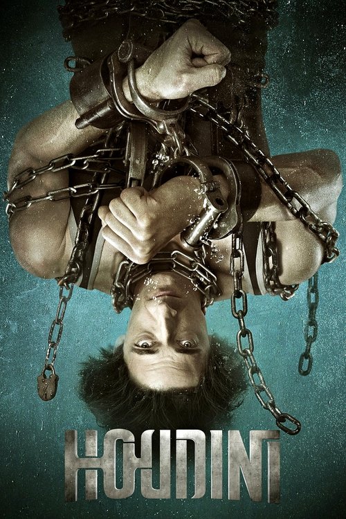 The poster features a dramatic, chaotic scene with a man bound by heavy chains, his face contorted in agony. The background is dark and moody, with teal tones that enhance the sense of tension and danger. The title "Houdini" is prominently displayed at the bottom, suggesting a thrilling and suspe...