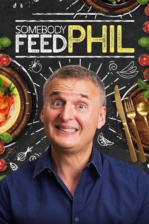 The poster features a cheerful man with a bright smile, wearing a dark blue shirt against a chalkboard background. Surrounding him are vibrant food items like pasta, vegetables, and utensils, creating a warm, inviting atmosphere. The playful, colorful design suggests a fun and approachable cookin...