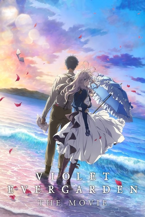 The poster features a romantic couple standing on the beach, with the woman holding a large umbrella and the man walking beside her. The sky is painted with soft pastel hues of pink, purple, and blue, creating a dreamy atmosphere. Red petals float in the air, adding to the romantic and nostalgic ...