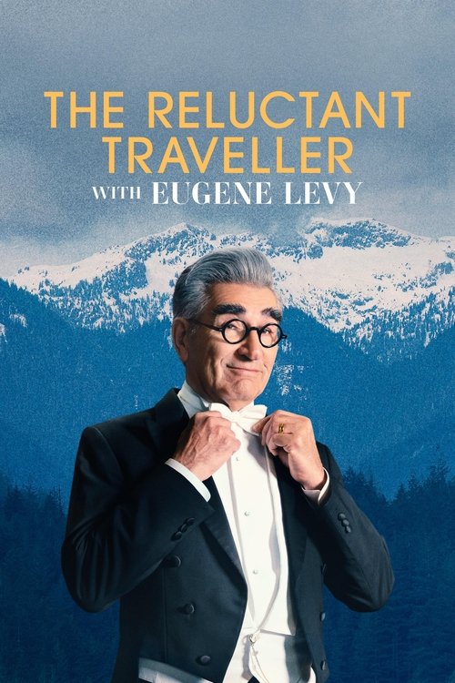 The poster features Eugene Levy in a formal black suit against a serene backdrop of snow-capped mountains. The muted blue tones of the sky and forest contrast with the warm golden text, creating a contemplative mood that hints at the show's blend of humor and introspection.