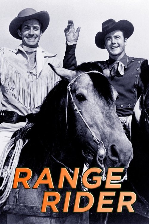 This vintage TV poster features two men in cowboy hats and suspenders riding a horse, exuding a classic Western charm. The black-and-white image contrasts with the bold orange text "RANGE RIDER" at the bottom, evoking nostalgia and adventure.