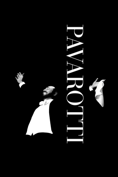The poster features a stark black background with the name "PAVAROTTI" in elegant white serif font. Silhouettes of a man and woman in white dresses are depicted against the dark backdrop, evoking a mysterious and dramatic atmosphere. The minimalist design suggests a theatrical or operatic theme, ...