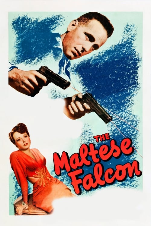 This vintage movie poster features a dramatic scene with a man in a suit holding two guns, set against a blue background. A woman in a red dress sits below, looking up with a hint of mystery. The title "The Maltese Falcon" is prominently displayed in bold red letters. The overall mood is suspense...