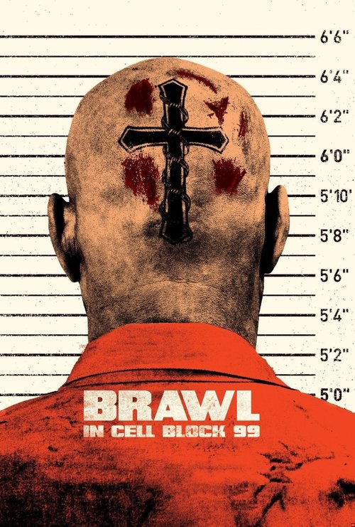 The poster features a menacing figure with a cross tattooed on their head, wearing an orange prison uniform. The background shows a mugshot-style grid with height measurements, evoking a gritty prison atmosphere. The bold red and black color scheme enhances the intense, violent mood of the film.