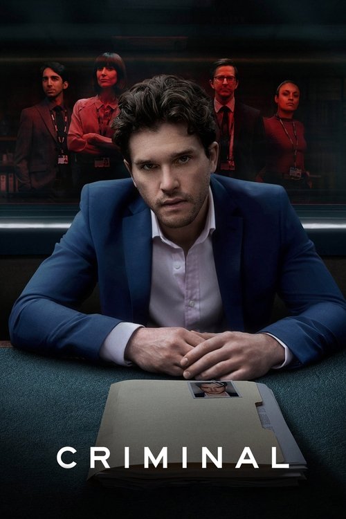 The poster features a man in a blue suit with a serious expression, sitting at a desk with a laptop. Behind him, four figures in red and black clothing stand against a dark background, suggesting a crime scene or investigation. The word "CRIMINAL" is prominently displayed at the bottom, conveying...