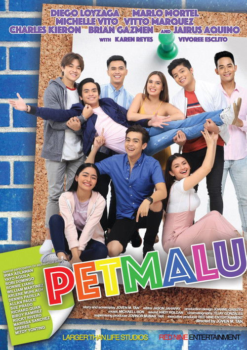 The poster features a vibrant group of people in colorful outfits, exuding a playful and energetic mood. The title "PETMALU" is prominently displayed in bold, multicolored letters, drawing attention to the film's unique identity. The background includes a brick wall and a green sign, adding depth...